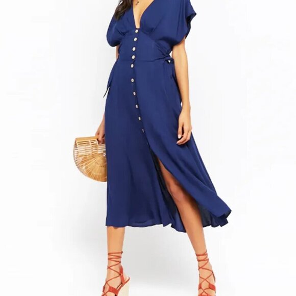 Forever 21 Size XS Indigo Blue Button Front Midi Dress, NEW with Tag - Picture 1 of 16